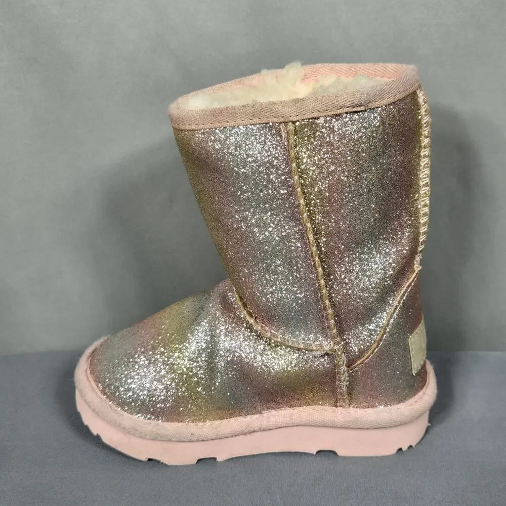 UGG Boots Girls Size 6 Pink Glitter UGGplush Shearling Lined Rainbow Winter